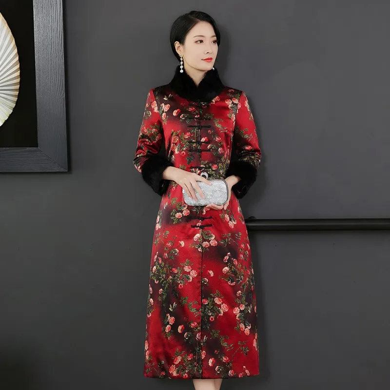 

Winter New Style Padded Chinese Costume Long Coat Cheongsam Women's Long Sleeve Thick Warm Rabbit Fur Overcoat Middle-aged Mom
