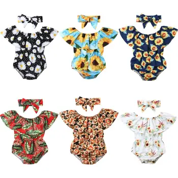 

0-24M Newborn Baby Girl Off shoulder Floral Romper Jumpsuit Playsuit Headband 2PCS Outfits Baby Clohtes