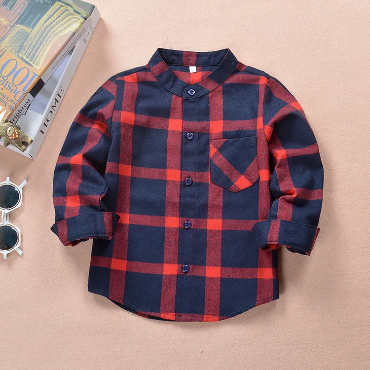 Spring And Autumn New Style Stand Collar Children Plaid Shirt Long Sleeve Pure Cotton Brushed Baby Casual Fashion Shirt