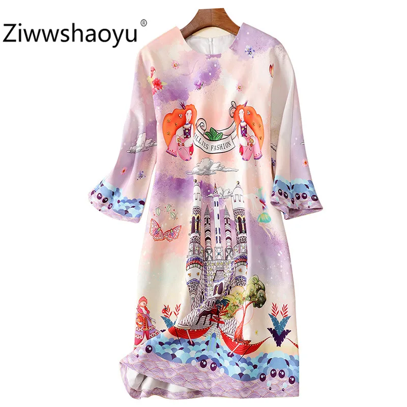 Ziwwshaoyu Мода Мультфильм Письмо печати свободное платье Женские Половина рукава Алмаз Высокое качество осень короткие платья