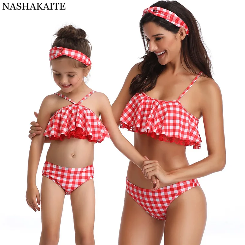 

NASHAKAITE Mommy and me Lace Ruffles Plaid Summer Bikini Set Low Waist Swimwear Swimsuit Mother Daughter Family Swimsuits