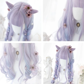 

2 Type Gradient Ramp Lavender Pink Periwig Blunt Bangs lolita Cosplay Wig Girl Hairpiece Devil Horn Detachable Curly Hair no Hat