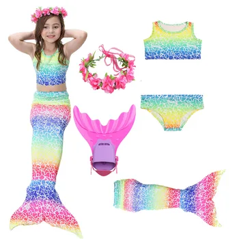 

5PCS Kids Mermaid Tail Swimsuit Rainbow Swimwear Mermaid Tails Girls Fashion Bikinis Set Beach Swimming Clothes Cosplay Costumes