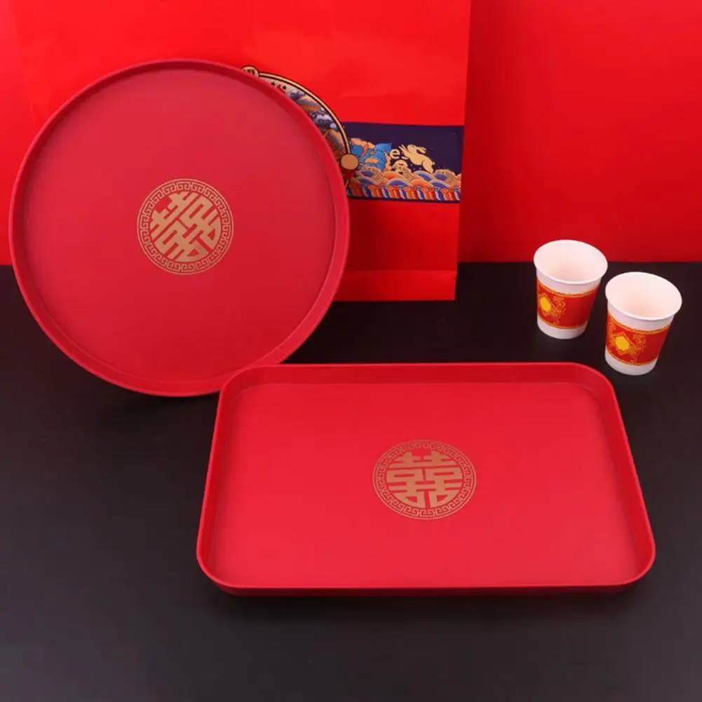 Hot Chinese Red Wooden Tray Oblong Round Toast Xi Tray Hotel Wedding Wedding Tea Festive Display Ceremony