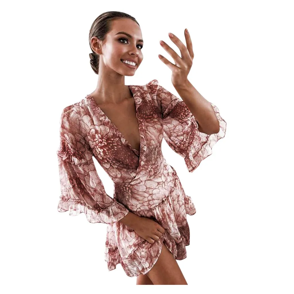 

Vintage Print Border Dress Women Sexy Full Sleeve Deep V Neck Beach Party Mini Dresses Elegant High Waist Sundress Vestidos