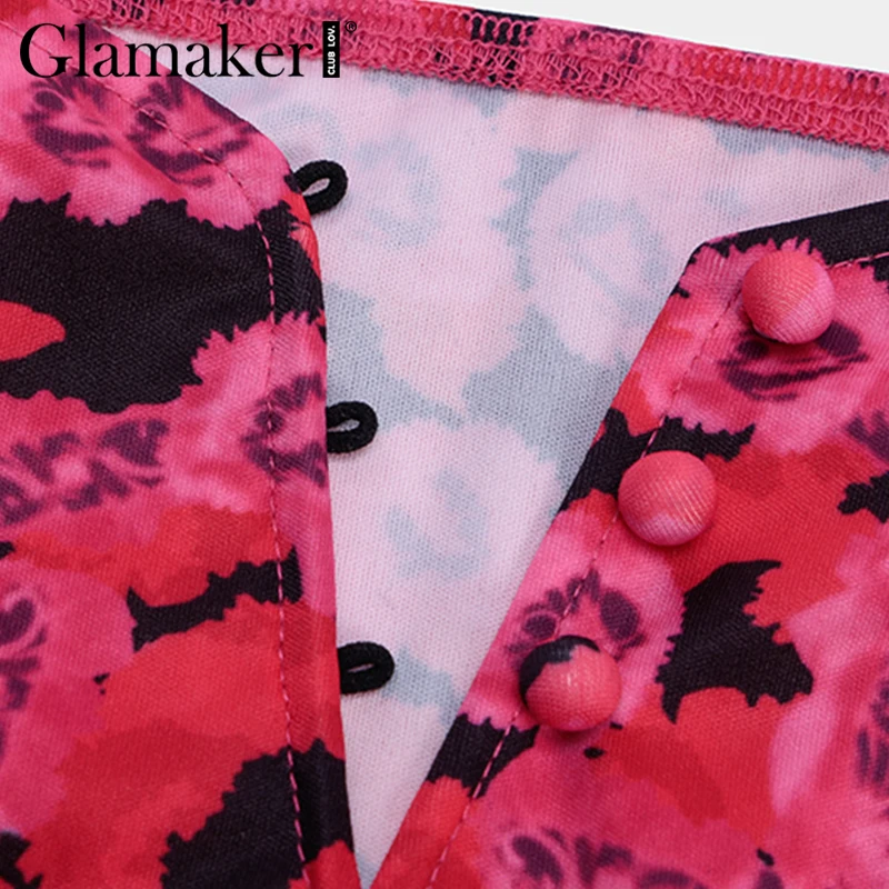 Glamaker элегантное мини-платье с цветочным принтом и длинными пышными рукавами, облегающее весенне-летние вечерние клубные платья, приталенное платье с высокой талией и v-образным вырезом, vestidos