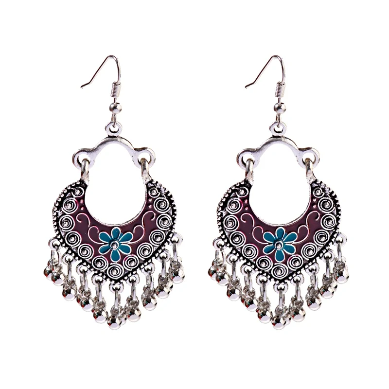 Boho Gypsy Tassel Indian Drop Earrings Women Orecchini Jewelry Ladies Retro Blue Flower Silver Color Jhumka Earrings drop earrings dangle earrings flower earrings