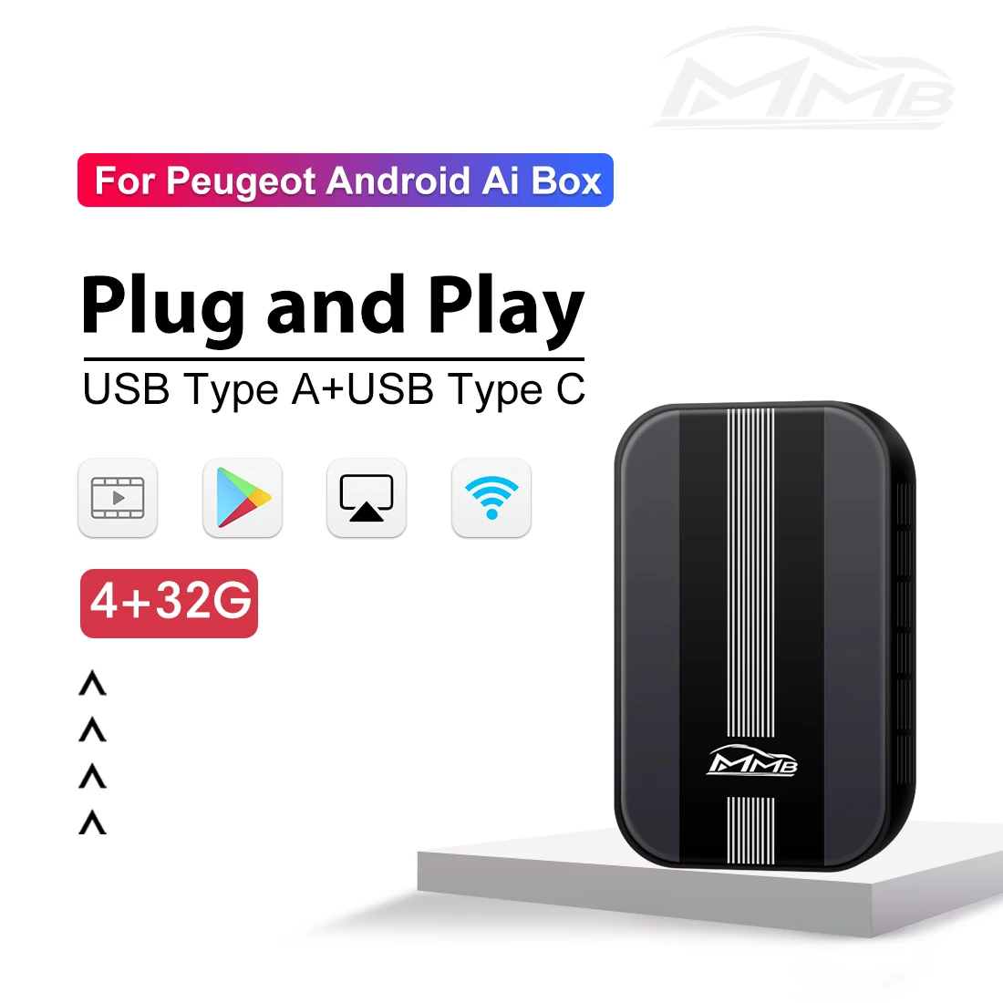 MMB 4+32G Ai Carplay Box for Peugeot 308 408 508L 2008 4008 Smart Video Player IOS Android Mirroring Navigation Car Accessories