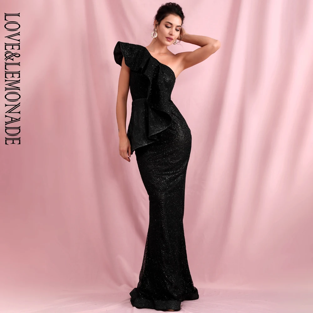 LOVE&LEMONADE, сексуальное, на одно плечо, гофрированное, стежка, черный блестящий материал, облегающее, вечерние, макси платье, LM81886, осень/зима