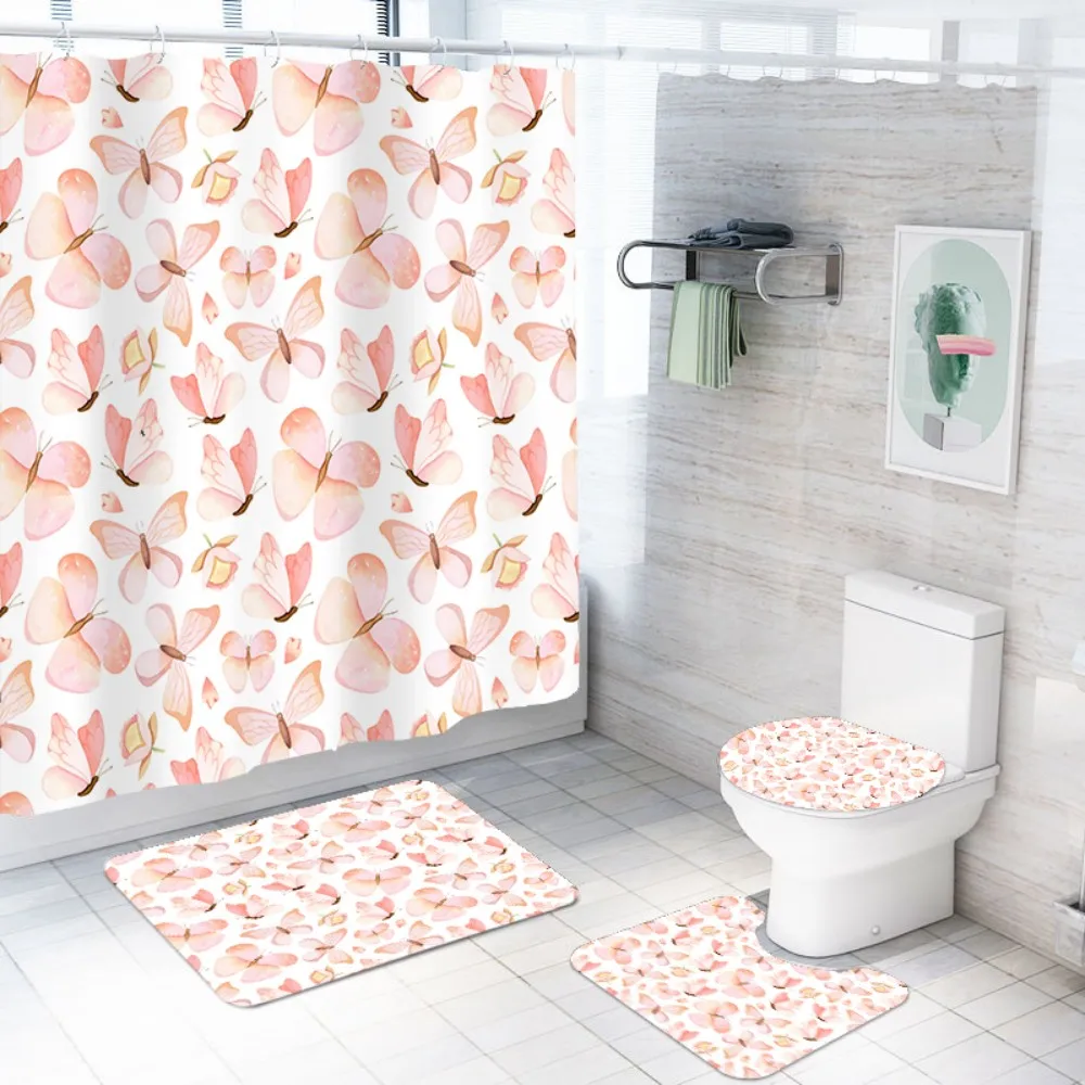 

4 PCS Shower Curtain Set Non-Slip Mat Toilet Cover 3D Butterfly Group Bath Curtain Polyester Waterproof Pink/Blue Insect Series