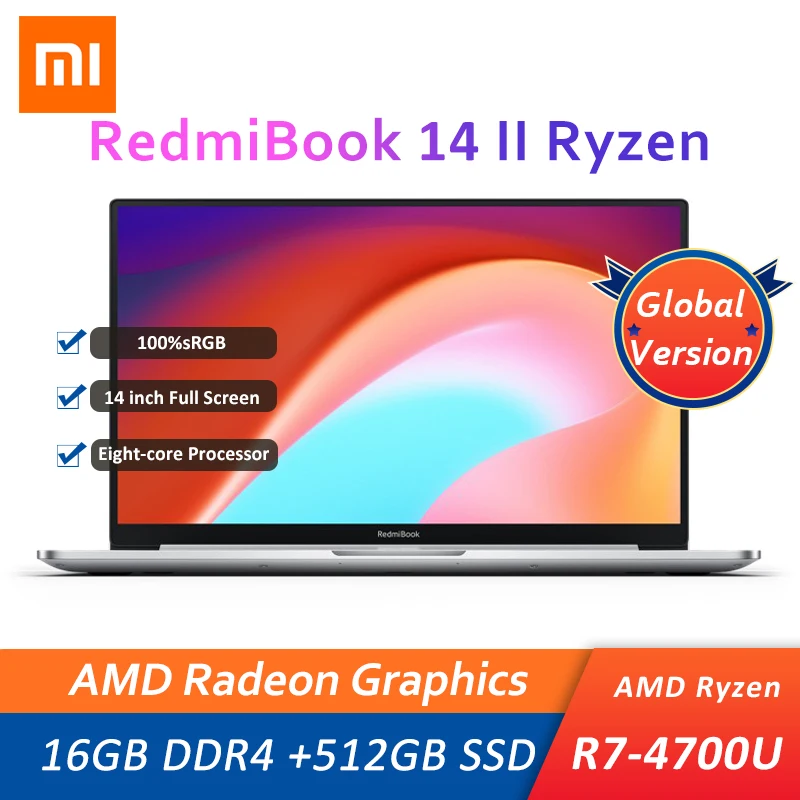 Vendedor Caliente Xiaomi RedmiBook 14 II portátil AMD Ryzen 7 4700U 16GB DDR4 + 512GB SSD 14 ''FHD 100% sRGB portátil Ultra-ligero cuerpo de PC bWwnMoAy9pg