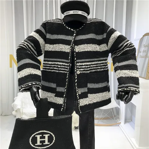 Полосатые женские пальто и куртки с широкой талией Abrigos Mujer Invierno, флисовая женская куртка с круглым вырезом и пуговицами - Цвет: Серый