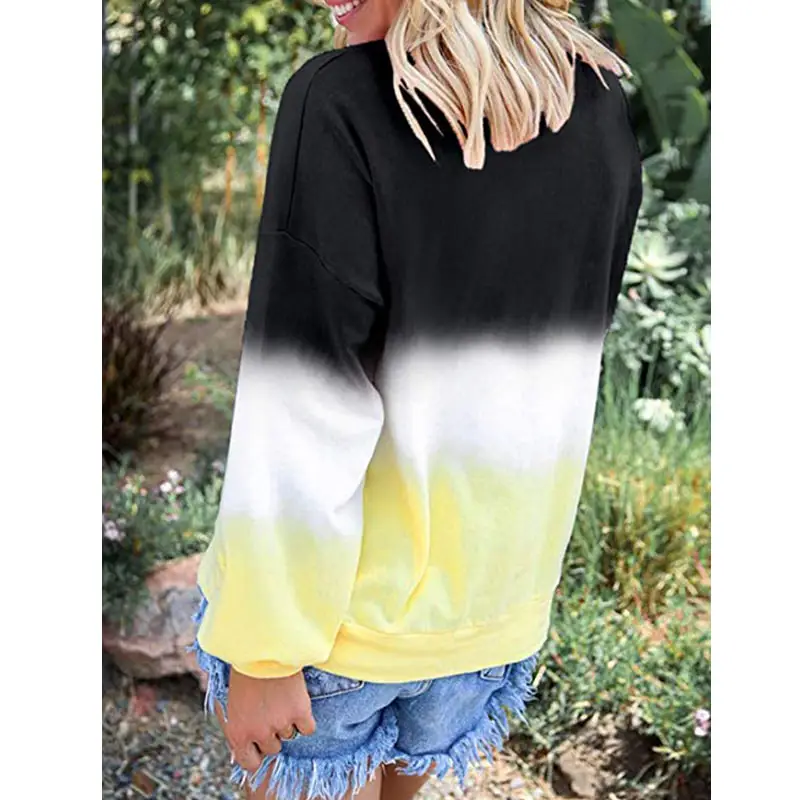 Womens Casual Gradient Long Sleeve T-Shirt Colorblock Block Tie Dye Printed Pullover 3