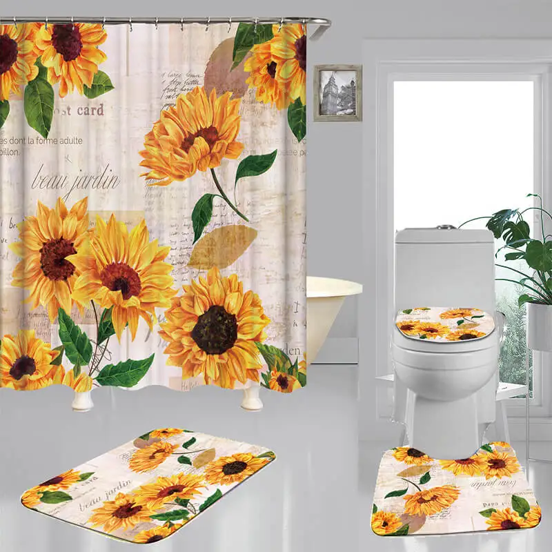 

Sunflower Art Flannel Non-Slip Bath Mat Toilet Cover Rugs Shower Curtain With 12 Hooks Bathroom Decor Set