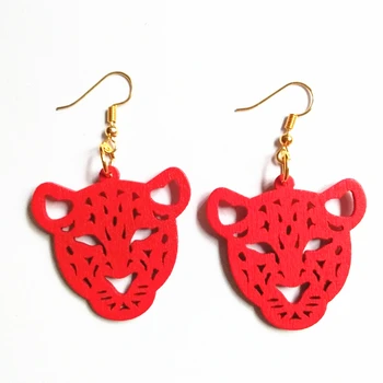 

Wood leopard Head Design Earrings Women Drop Earrings Round Hollow Fashion Jewelry Eardrop Personality Hollow Hoop Earrings
