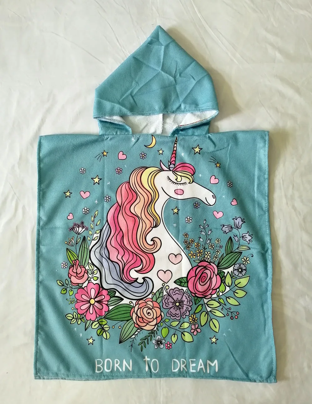 Free shipping Novelty Gift Cute Unicorn Rainbow Stars Hearts Print Microfiber Baby Kids Hooded Swim Bath Beach Towel Poncho Cape
