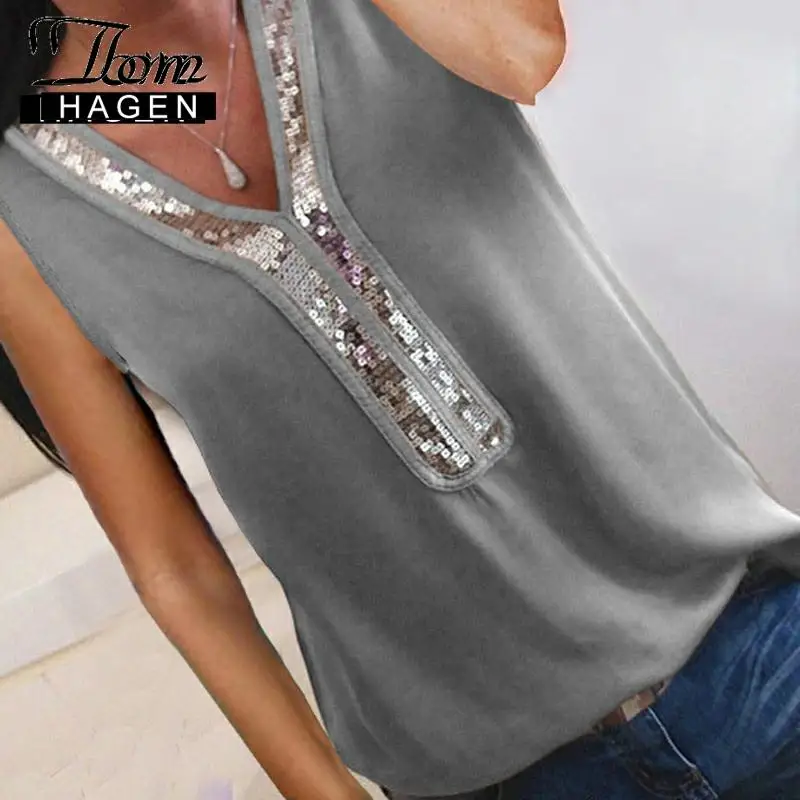 Женская шифоновая блузка с V образным вырезом блестками|Блузки| |