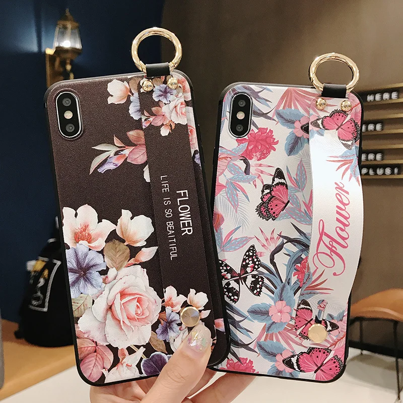 For Samsung Galaxy S8 S9 S10 plus S10e Note 9 8 Flower Floral Soft TPU Wrist Strap Phone Case Phone Holder Back Cover S10+ (1)