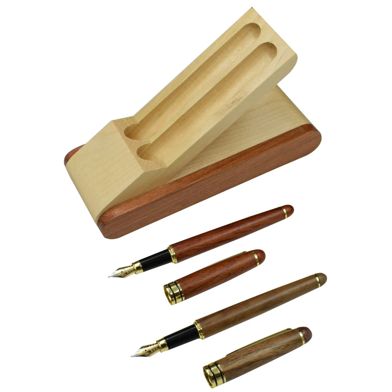 

One Set Walnut Wood Fountain Pen And Red Wood Fountain Pen With Case Set Retro Office School Supplies Writing Tools Gift