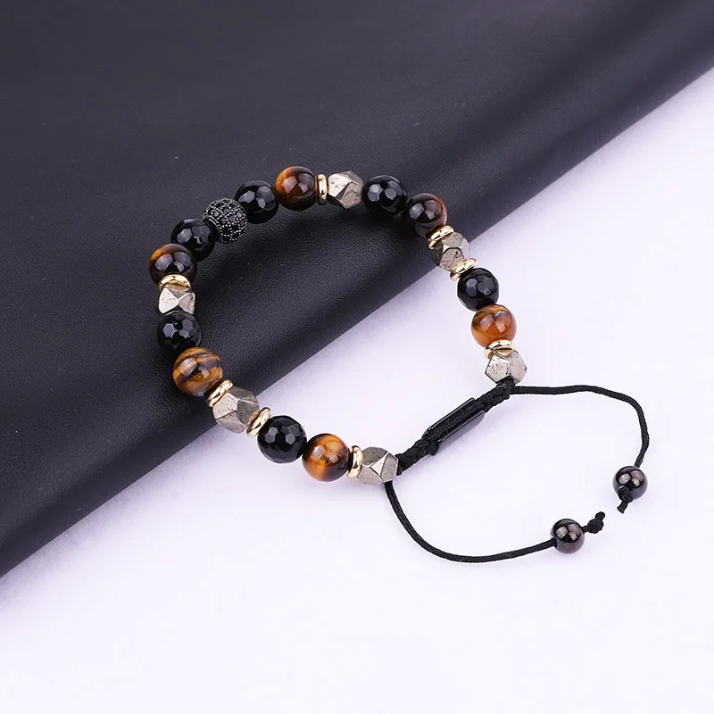 New Design Brown Tiger Eye Black Onyx Cubic Zironia Ball Beaded Macrame Adjustable Bracelet Men Jewelry Gift - Image 3