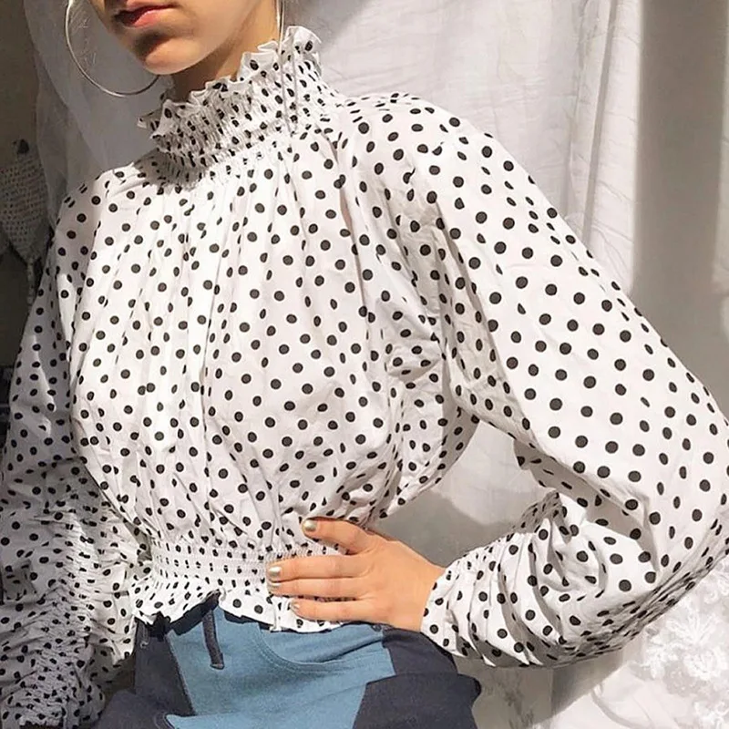 

2019 summer new women's wooden ear high collar long sleeve female Waist short round dot casual T-shirt
