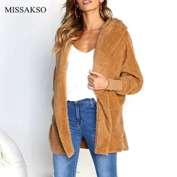 

Missakso Faux Fur Hoodies Loose Warm Solid Zip-up Fleece Plush Teddy Coat Jacket Winter Oversize Women Outwear Sweatshirt