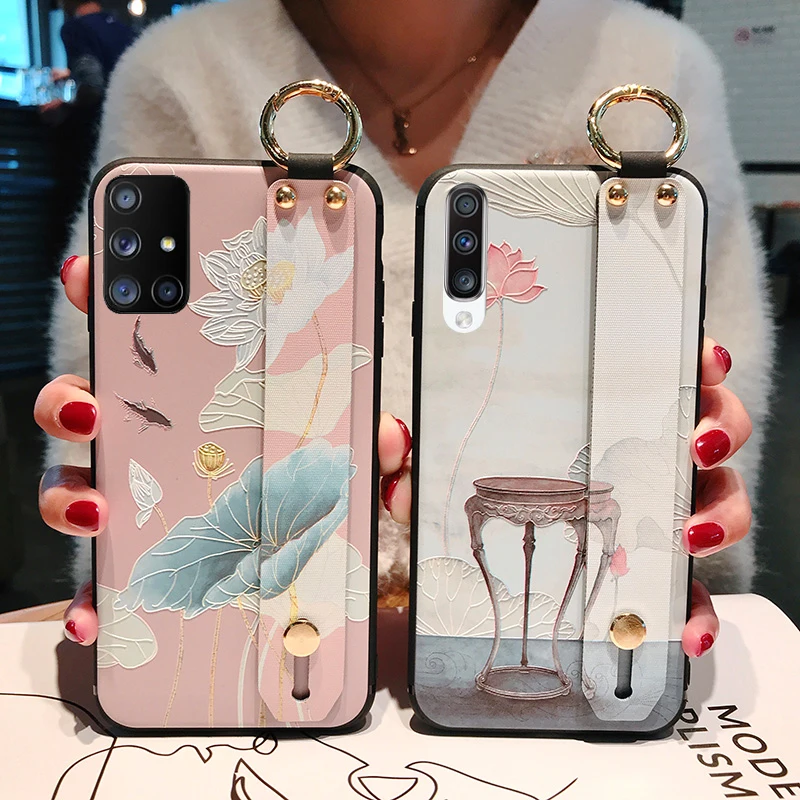 Wrist strap phone holder silicone case For Samsung S20 Ultra Note 10 9 S10 Plus S10e Flowers Leaves Patterned Soft Back Cover Wrist strap phone holder silicone case For Samsung S20 Ultra Note 10 9 S10 Plus S10e Flowers Leaves Patterned Soft Back Cover