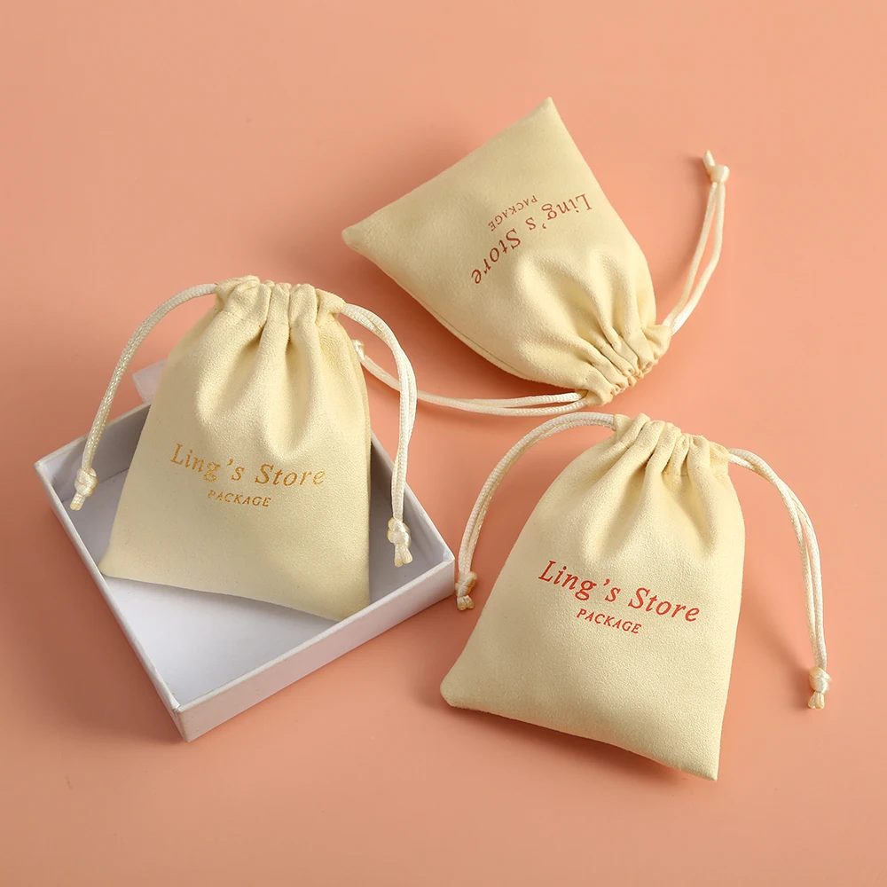 100 Cream Personalized Logo Print Custom Jewelry Packaging Drawstring Bags Skincare Package Cosmetic Bags Flannel Suede Bags 20 personalized deboss logo print drawstring bags custom skincare products packaging bag pouches jewelry bags suede pouches