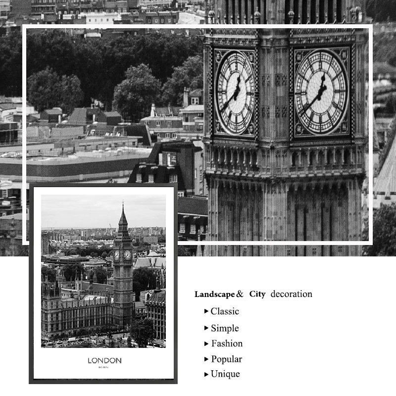 Nero Bianco Tela Pittura Mondo Città Paesaggio Parigi Londra New York Poster Stampe Stile nordico Immagine di arte della parete Decorazioni per la casa - immagine 5