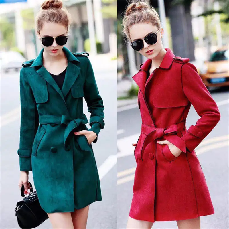 

2019 Women Medium Long Trench Faux Suede Luxury Coat Female Slim Full Sleeve Coat Double Breasted High-end British Wwindbreaker