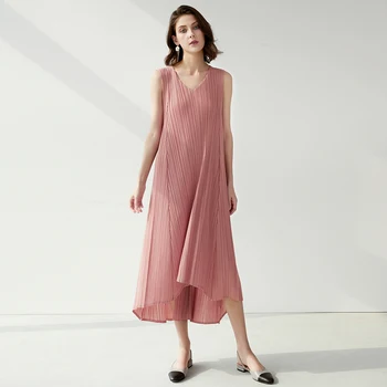 Miyake Pleats Fashion Summer Dress Female Sundress Big Swing Waist Belt Spaghetti Strap V-neck Sleeveless Causal Dress 1