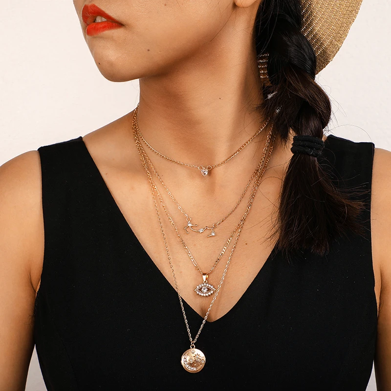 

Tocona New Fashion Bohemia Gold Color Multi-layer Charming Hollow Eyes Pendant Choker Necklace Clear Crystal Stone Women Jewelry