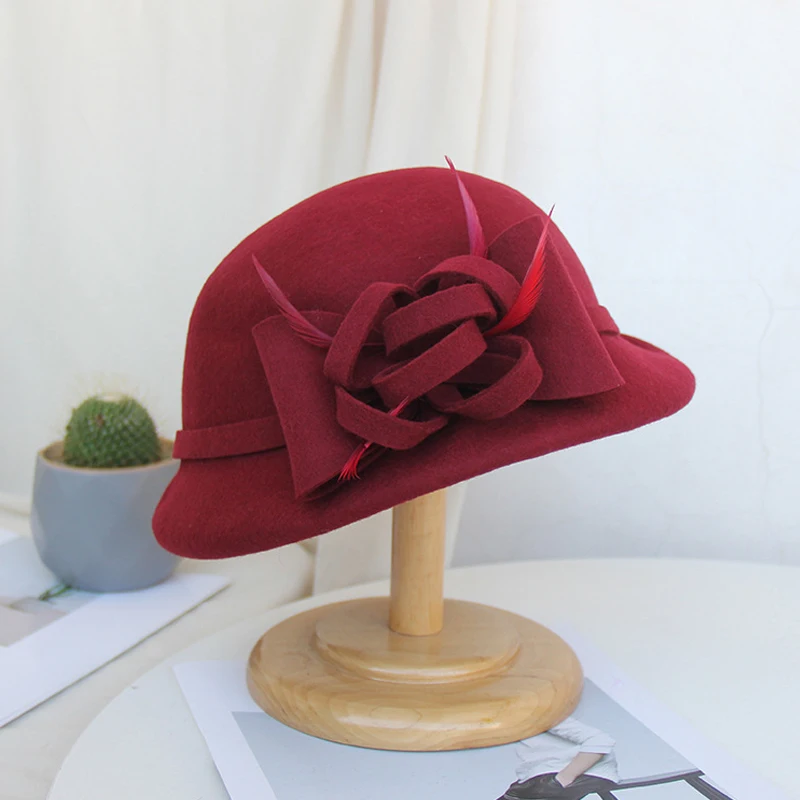 Wine Red FS модная шерстяная фетровая шляпа с вуалью Цветочная формальная Кепка элегантная женская церковная фетровая шляпа черная красная женская шляпа шляпы для похода в церковь - Цвет: Wine Red
