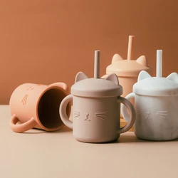 Bebê seguro silicone copo de alimentação de água potável caneca térmica palha criança garrafa copo bpa livre crianças gato sippy copo com alça