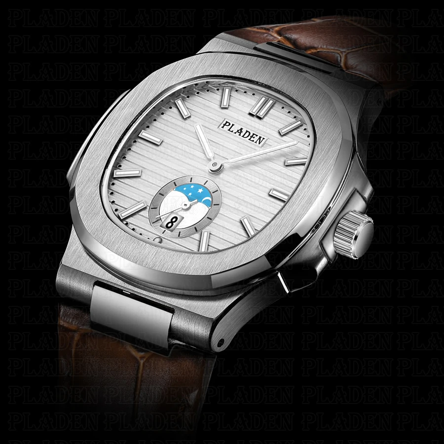 

PLADEN Luxury Brand Men Watches Moon Phase Pointer Luminous Top Quality Leather Watch AAA First Choice For Business Men 2020