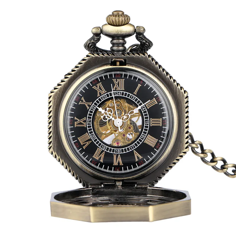 Bronze Hollow Octagon Design Men Women Skeleton Handwinding Mechanical Pocket Watches Roman Number Clock Pendant Chain Gift