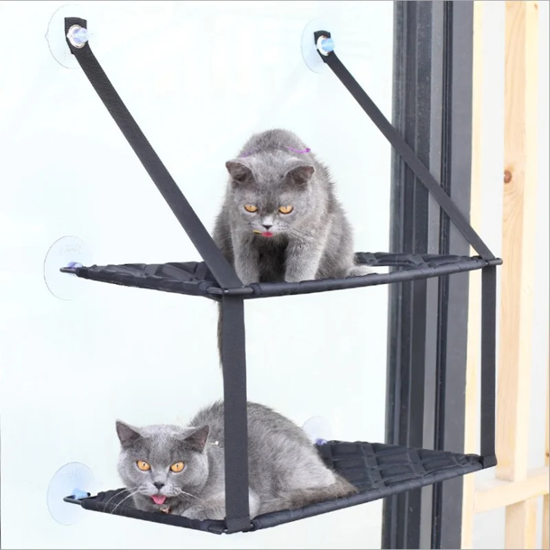 Кошачий гамак оконная присоска висячая альпинистская Рама кошачий подстилка Однослойная двойная кровать лежанки для домашних животных грузоподъемность 26 кг - Цвет: Черный