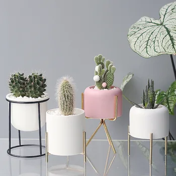 

Nordic Morandi Ceramics Flower Pot Iron Frame Flowerpot Garden Wedding Home Decoration Accessories Tabletop Gift Ornaments