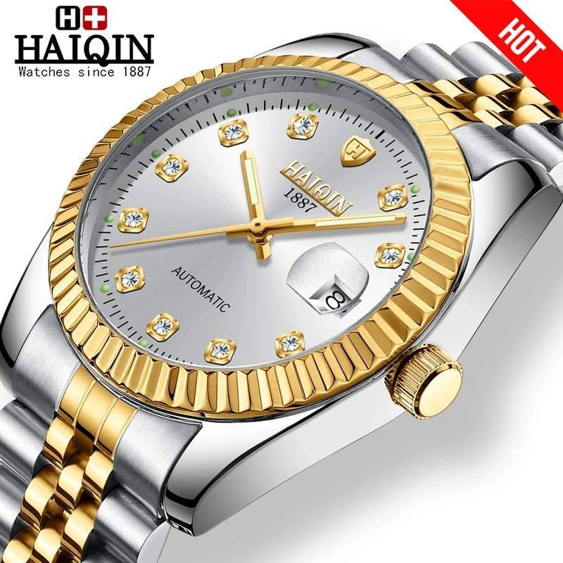 

HAIQIN Mens Watches Top Brand Luxury Gold Automatic/Mechanical Watch Men Wristwatch Crystal Dial Window Mens Reloj Hombre 2019