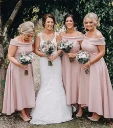 2019 розовое платье подружки невесты в крестьянском стиле с открытыми плечами трапециевидной формы длиной до щиколотки простой сатин Hi-Lo