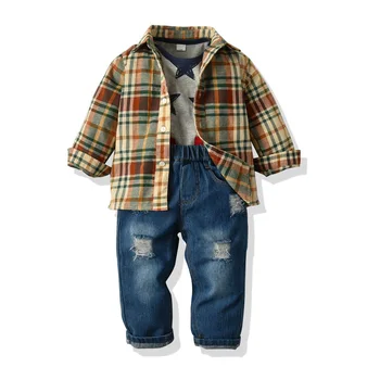 

Kids Clothes Toddler Jeans Suit Boy Plaid Shirt + T-shirt + Denim Trousers 3 PCS Baby Children Costume Infant Kid Clothing Set