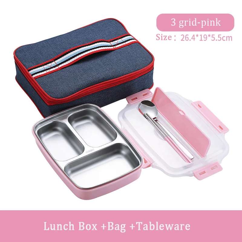 PINK-3-BAG EIMAI детский Ланч-бокс из нержавеющей стали 304 Bento Ланч-бокс с отсеком посуда контейнер для микроволновой печи - Цвет: PINK-3-BAG