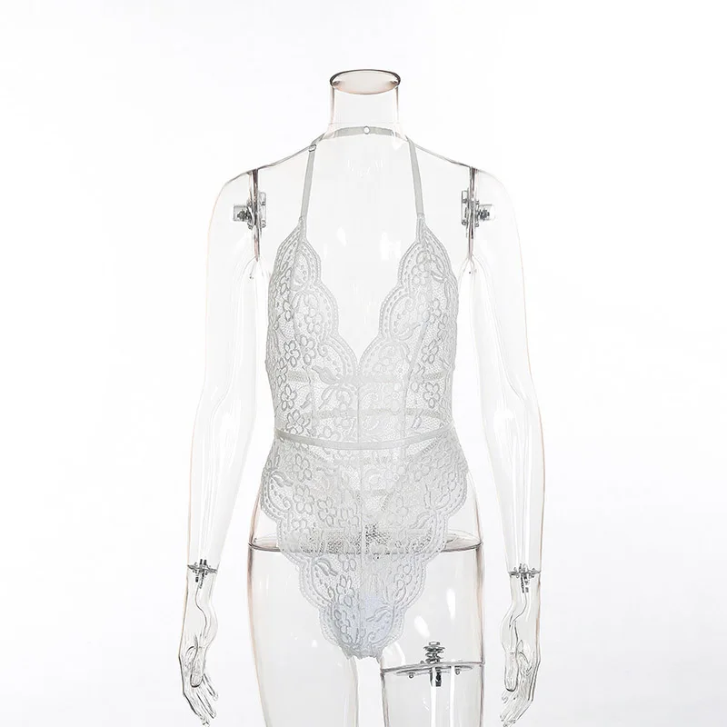 1Set Female Body Hot Sexy Teddies Backless Comfortable Transparent 7 Colors Soft Halter Lace Bodysuit - Цвет: Белый