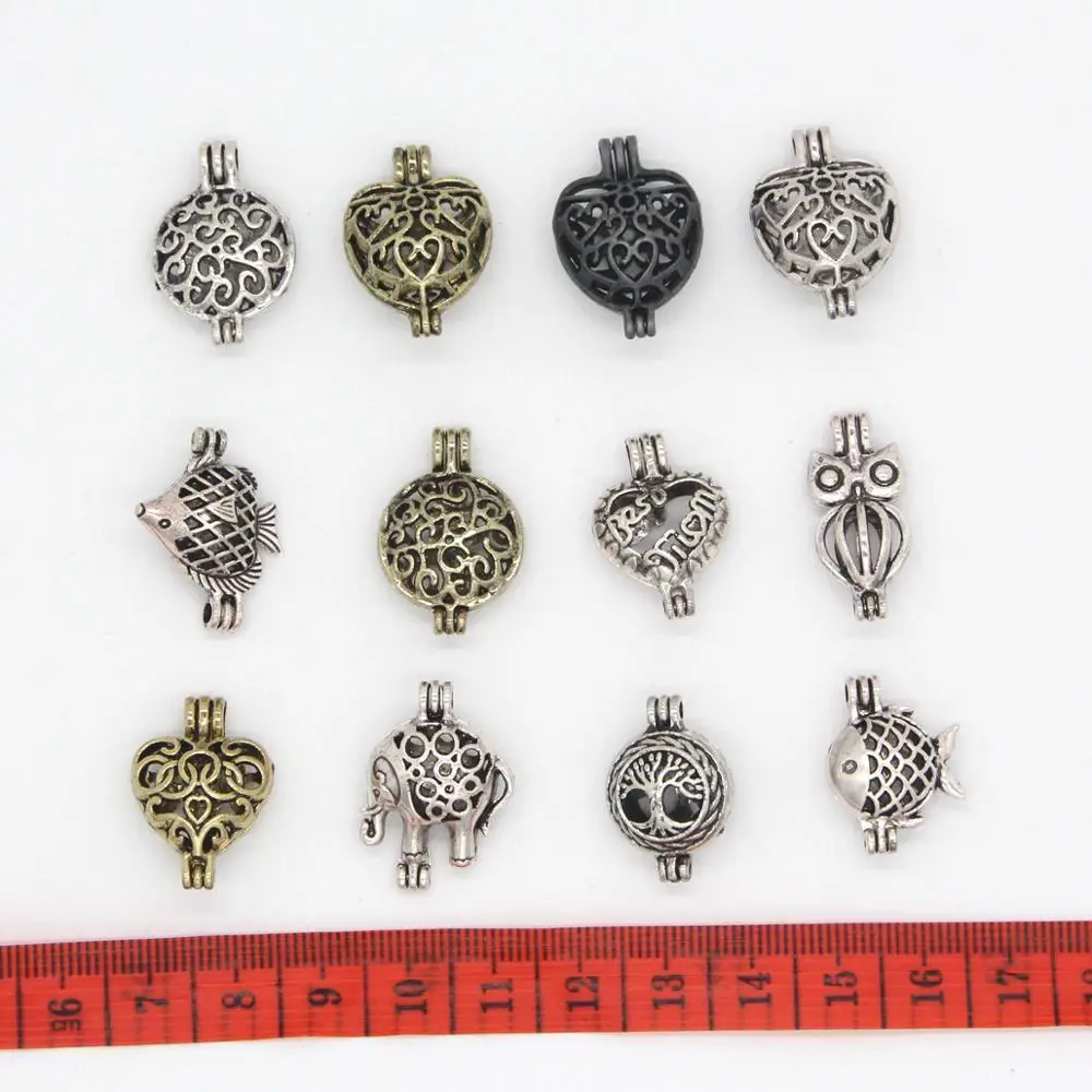 

12pcs Mixed Style Heart/Round/Elephant Shaped Pearl Cage Locket Pendant Essential Oil Diffuser Necklace Bracelet Jewelry Making