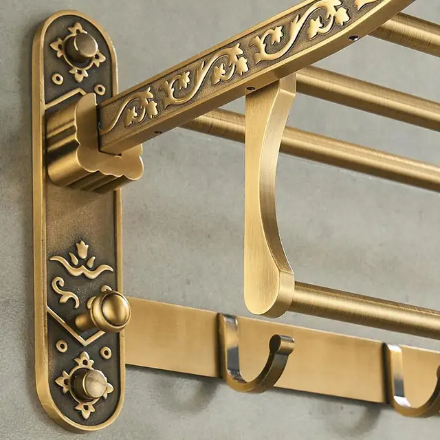 Alumínium Összecsukható Antik Sárgaréz Fürdő Törülköző Állvány Aktív Fürdőszoba Törülközőtartó Dupla Polc Horgok Fürdőszobai Kiegészítőkkel - Image 4