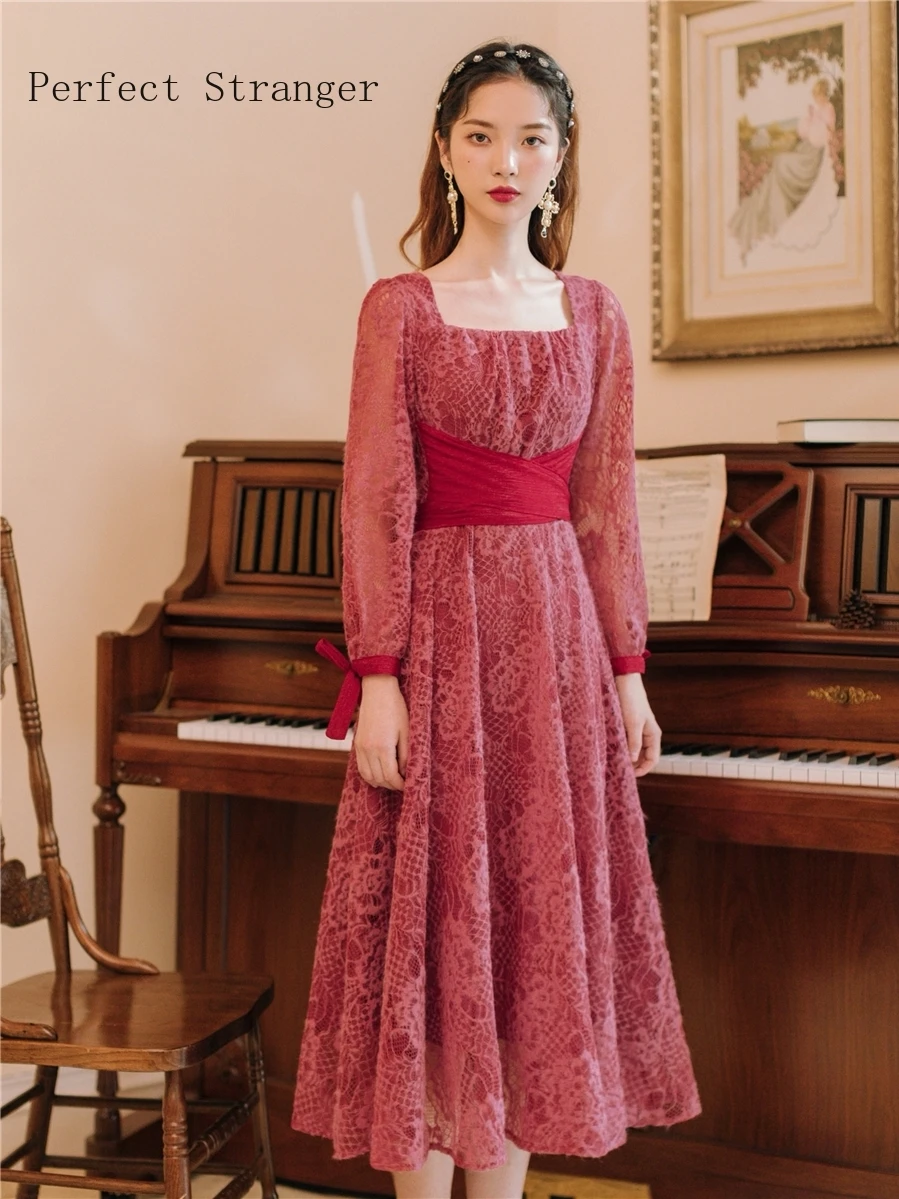 2019 Autumn New Arrival Retro Square Collar Collect Waist Woman Long Lace Dress