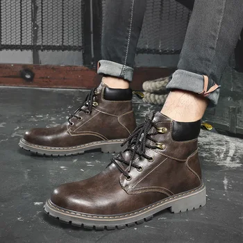 

Luxury Brand Casual Boots Mens Anti Slip Leather Boots Men Comfortable Work Boots Men Good Quality Mens Motorcycle Boot Lace Up