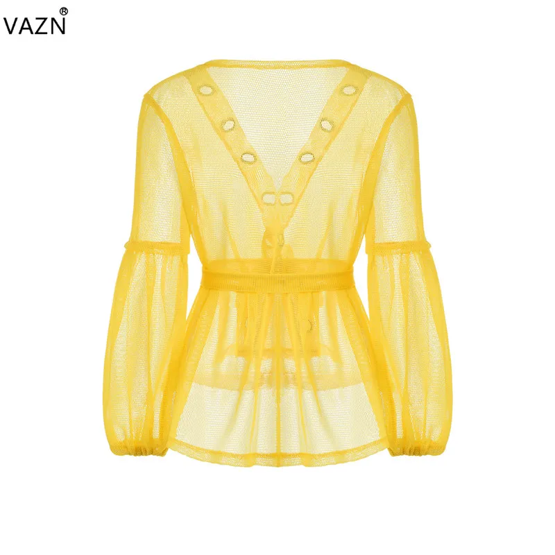 VAZN FLS5093 новые сексуальные кружевные шифоновые прозрачные желтые кружевные открытые строчки с длинным рукавом для женщин Джокер необычные мини-верхняя одежда