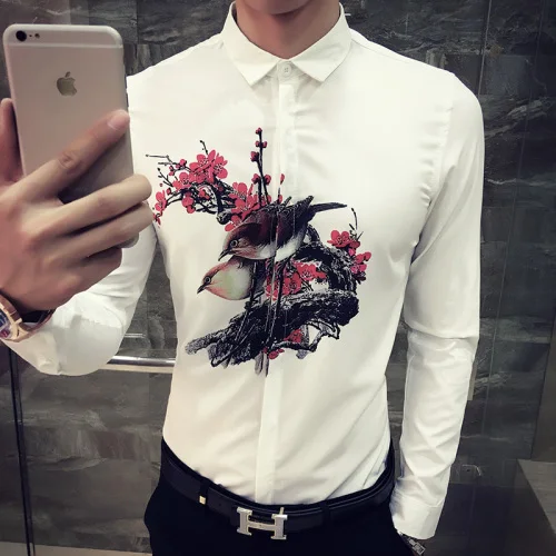 Горячая новинка Мужская рубашка Camisa Masculina с длинным рукавом мужская рубашка из хлопка с принтом Облегающая рубашка Уличная Повседневная рубашка - Цвет: CS30-white