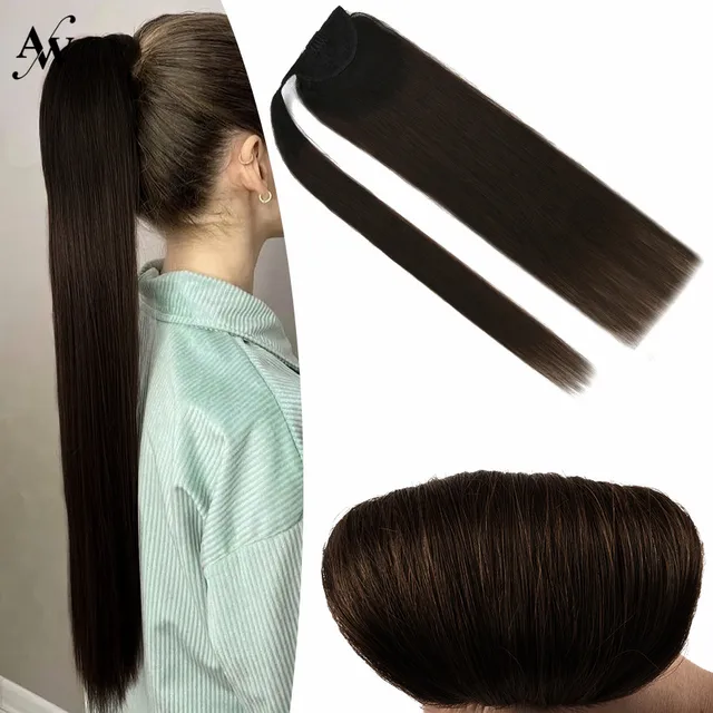 AW 12''-24'' Ponytail Human Hair Wrap Around Machine Remy Hair Extensions Brazilian Hair Extensions Clip Ins Blonde Brown Color T1B-4